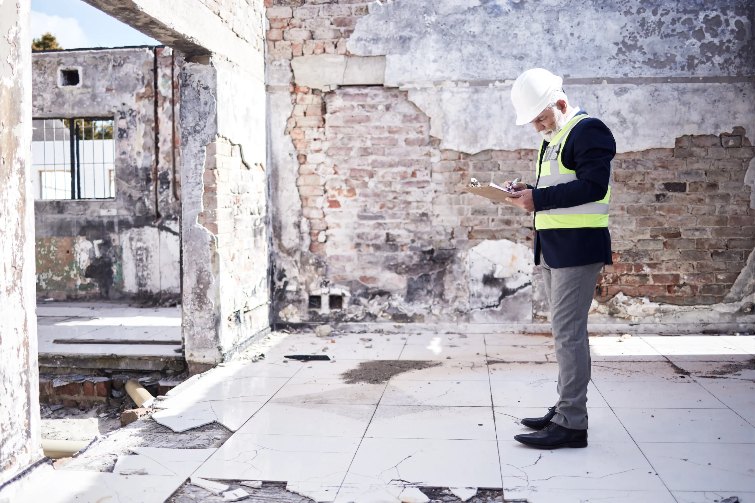 A man in a hard hat is standing in a building with a clipboard.